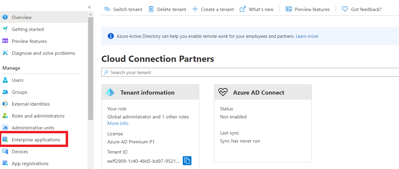 The Enterprise applications link on the Microsoft Azure portal.