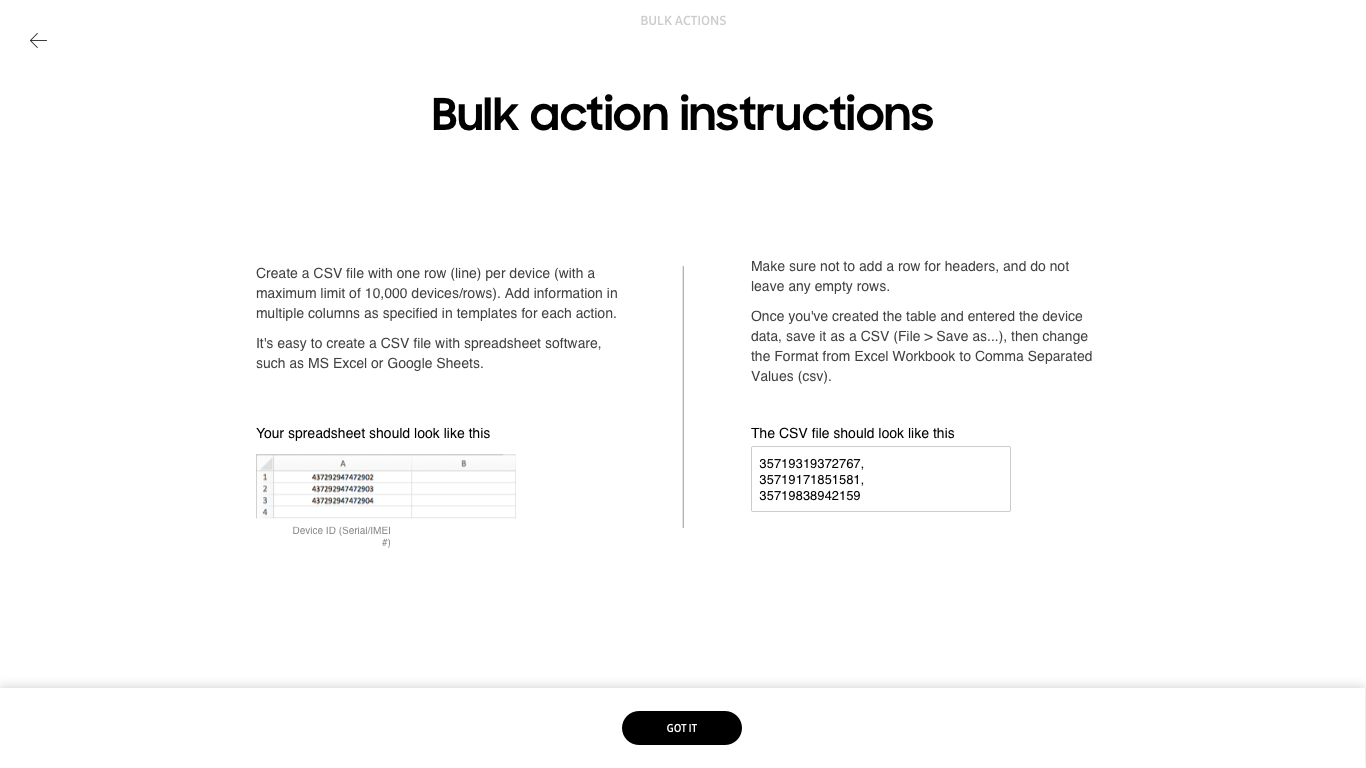 Bulk actions instructions page