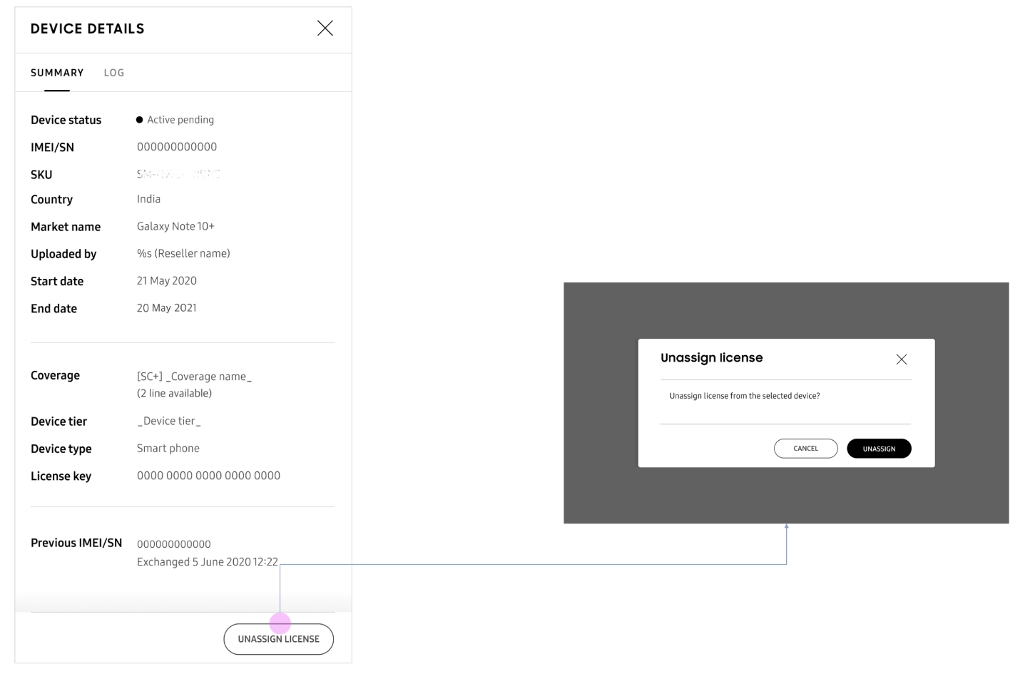 Unassigning a device's license from the DEVICE DETAILS dialog