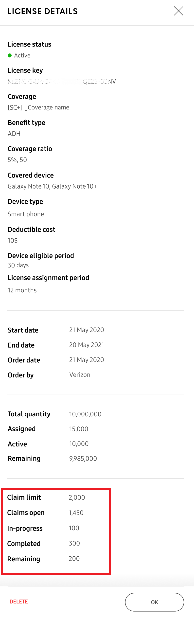 Claim information on the LICENSE DETAILS dialog