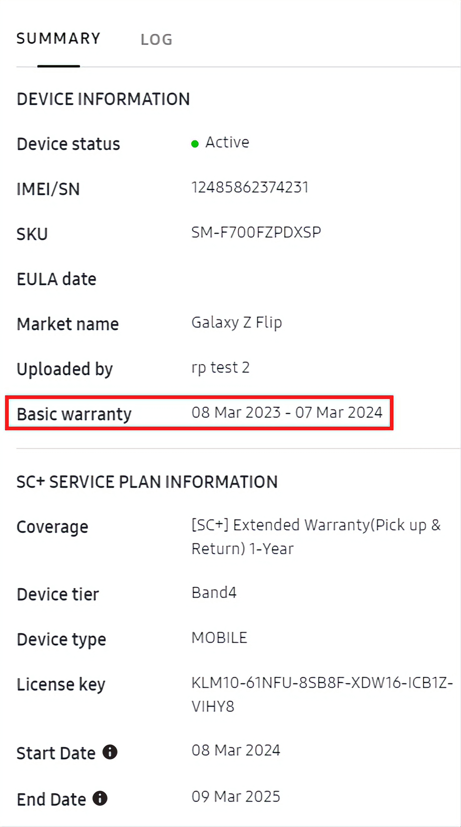 Device Details pane highligting Basic Warranty field