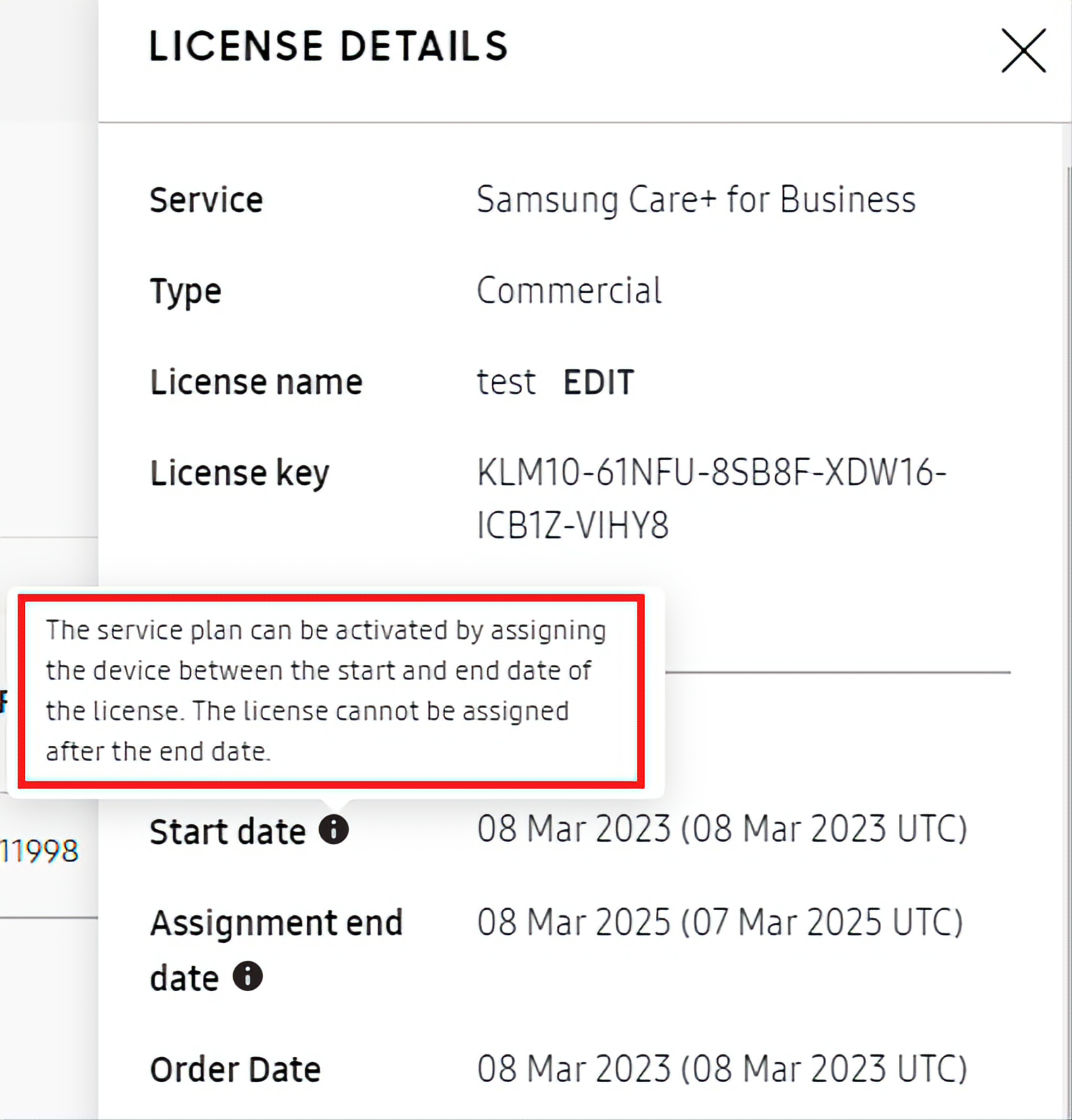 License Details pane highligting tooltip