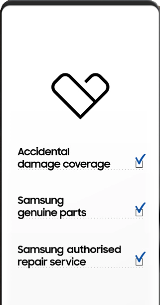A phone with an interface consisting of three checked buttons: 'Accidental damage coverage', 'Samsung genuine parts', and 'Samsung authorised repair service'.