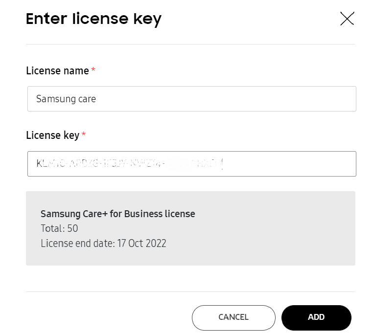 Enter license name and key window.