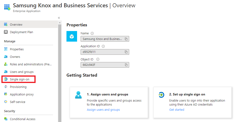 The Single sign-on link on the Microsoft Azure portal.