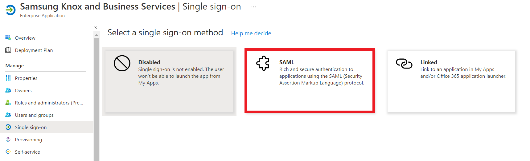 The SAML tile on the Microsoft Azure portal.