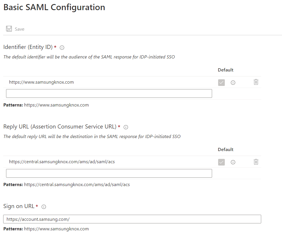 The Basic SAML Configuration page on the Microsoft Azure portal.