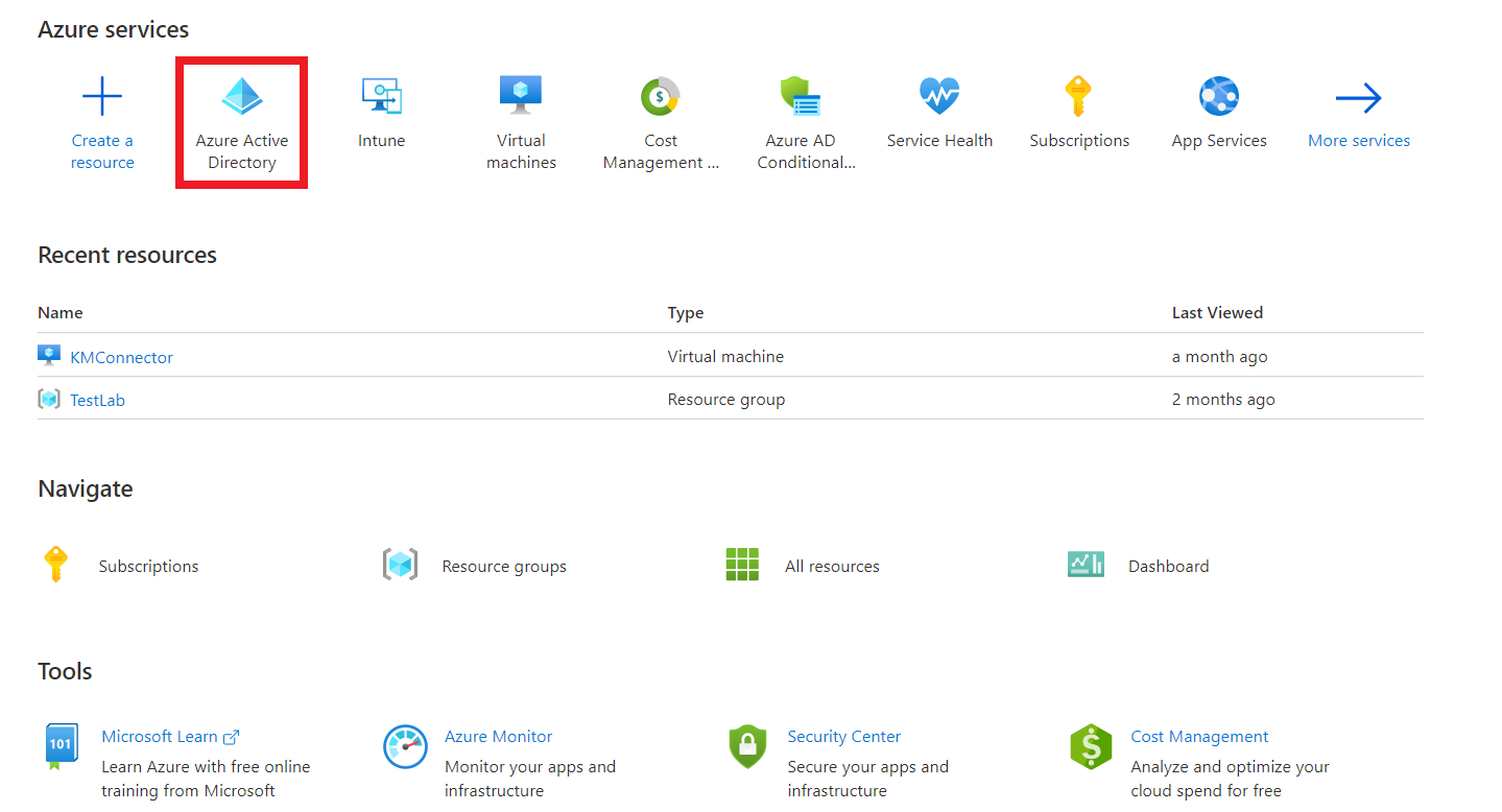 The Azure Active Directory button on the Microsoft Azure portal.