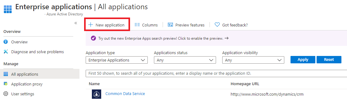 The New application button on the Microsoft Azure portal.