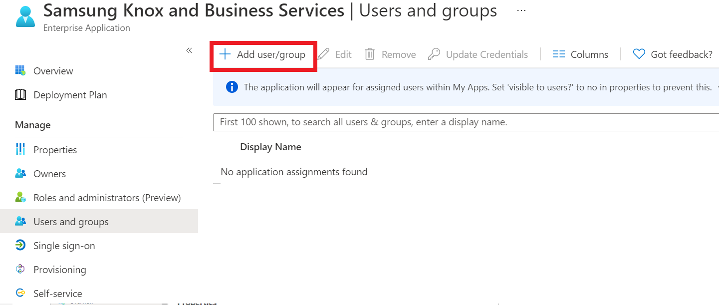 The Add user/group button on the Microsoft Azure portal.