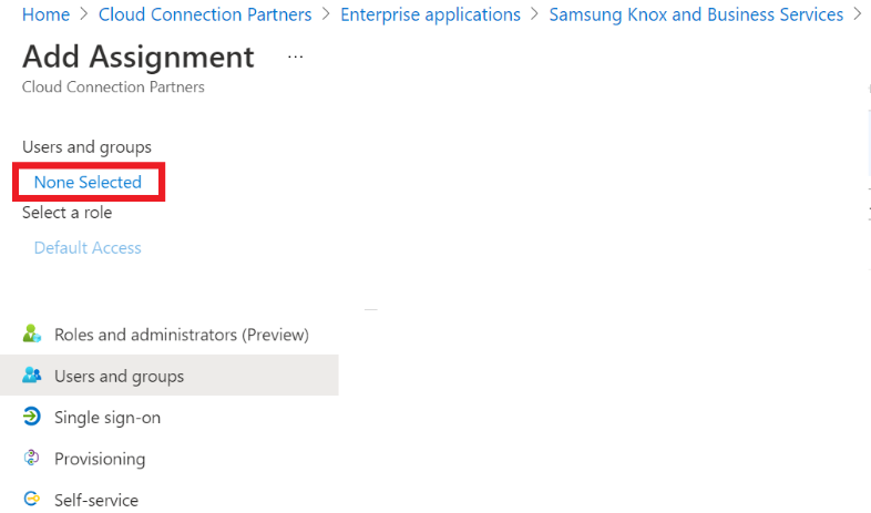 The None selected link on the Microsoft Azure portal.