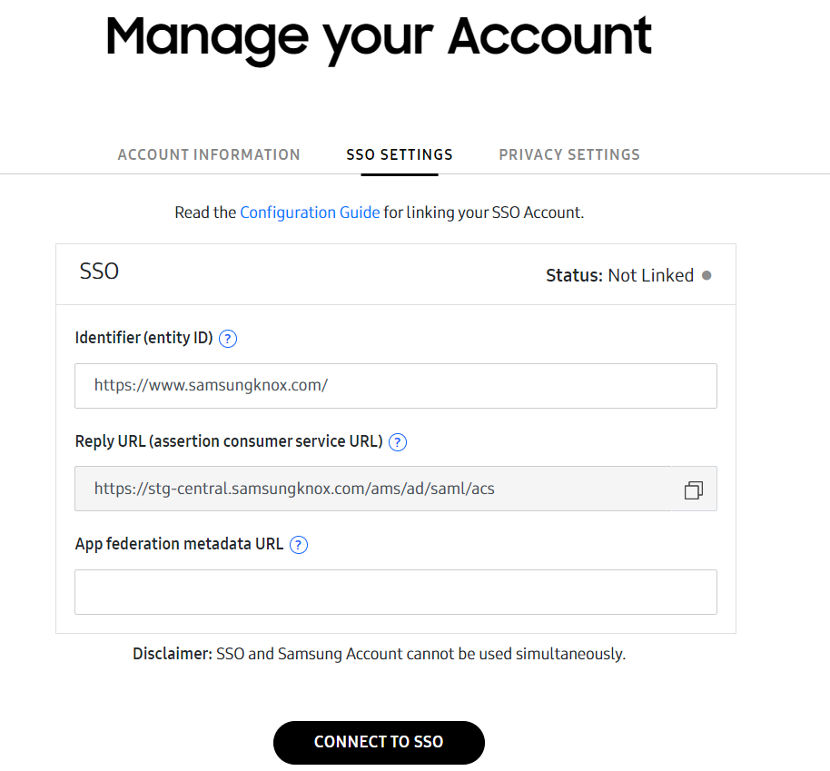The SSO settings on the Knox Admin Portal