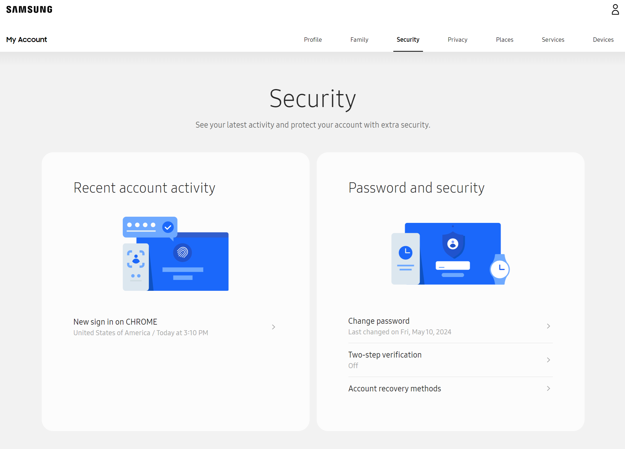 The Security page of your Samsung account.