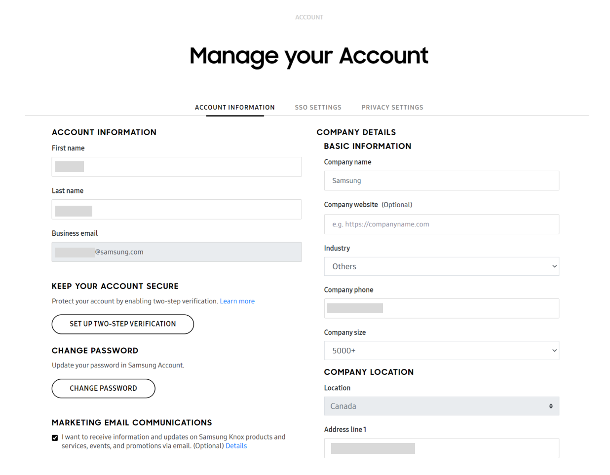 The Account Information section of the Manage your Account page.