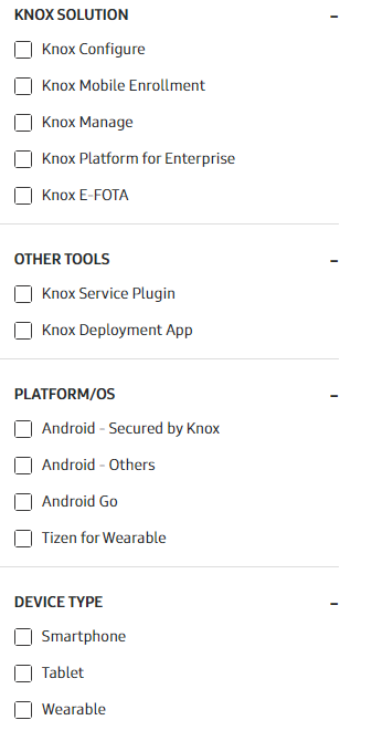 Filter sidebar on the Devices secured by Knox webpage