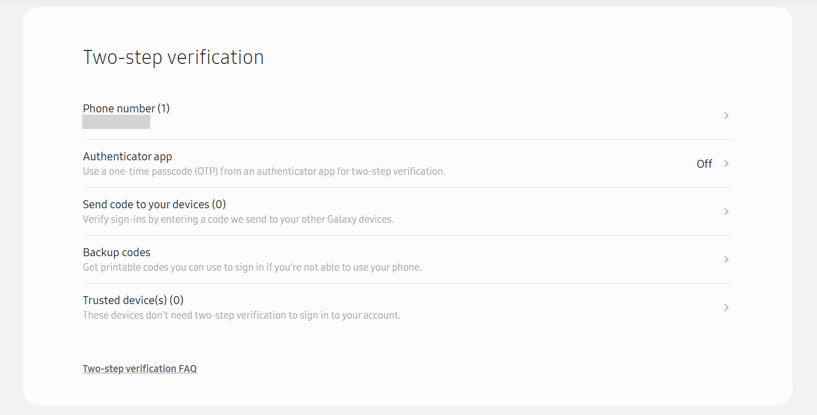 The Two-step verification page of your Samsung account.
