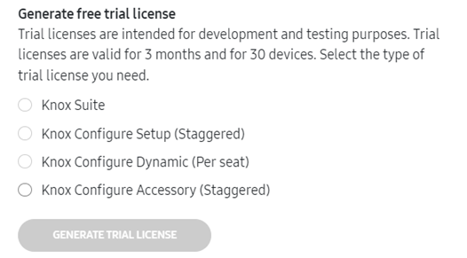 Generate free trial license screen