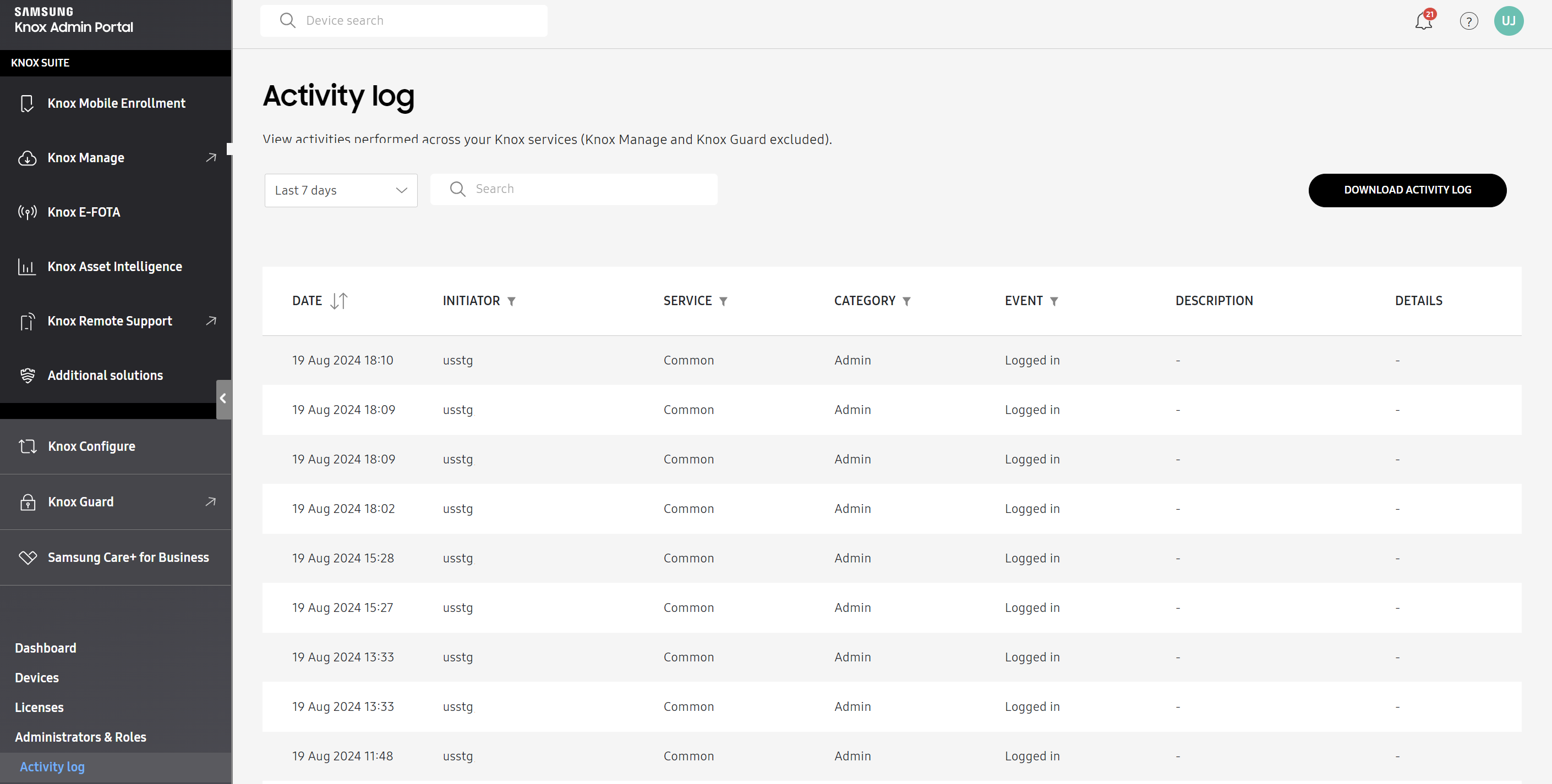 Knox Admin Portal common activity log page