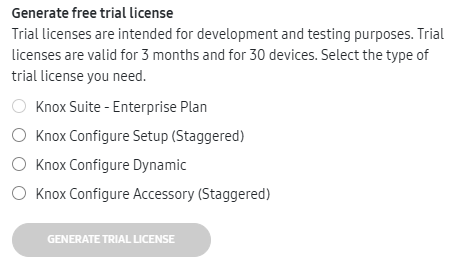 Generate free trial license screen