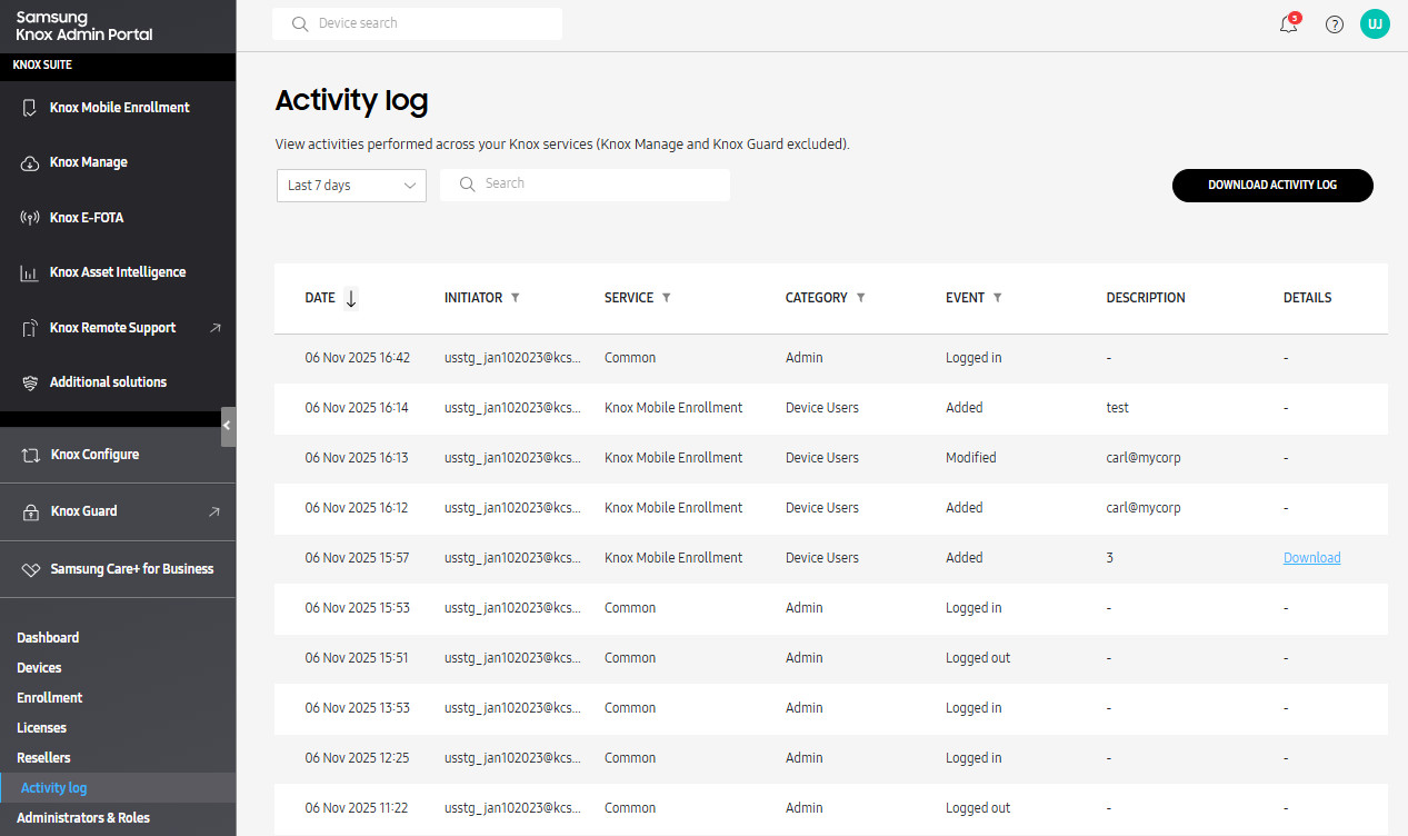 Knox Admin Portal common activity log page