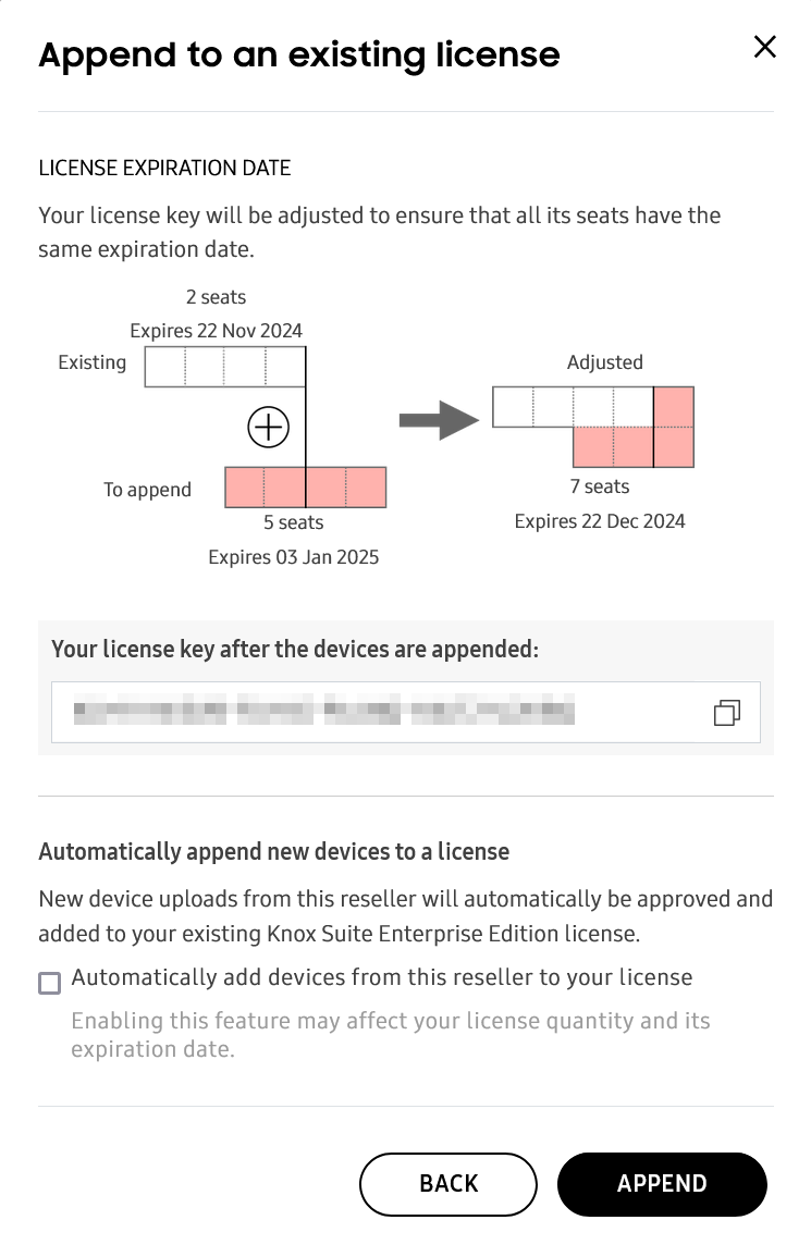 Append to an existing license dialog
