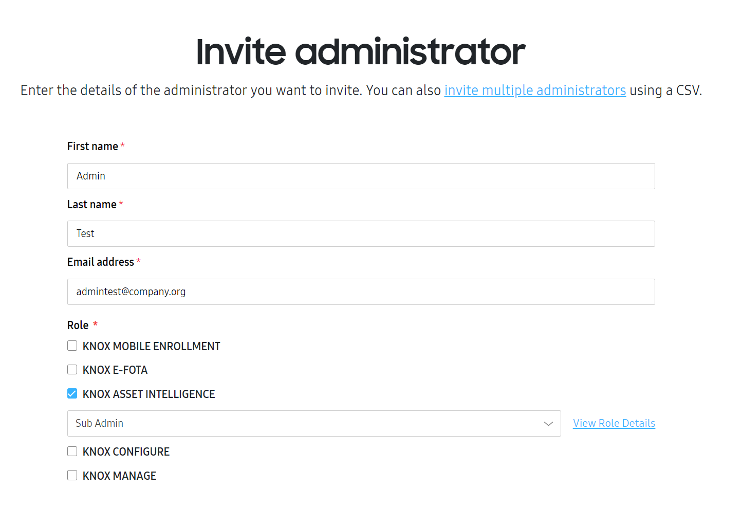 Invite administrator screen