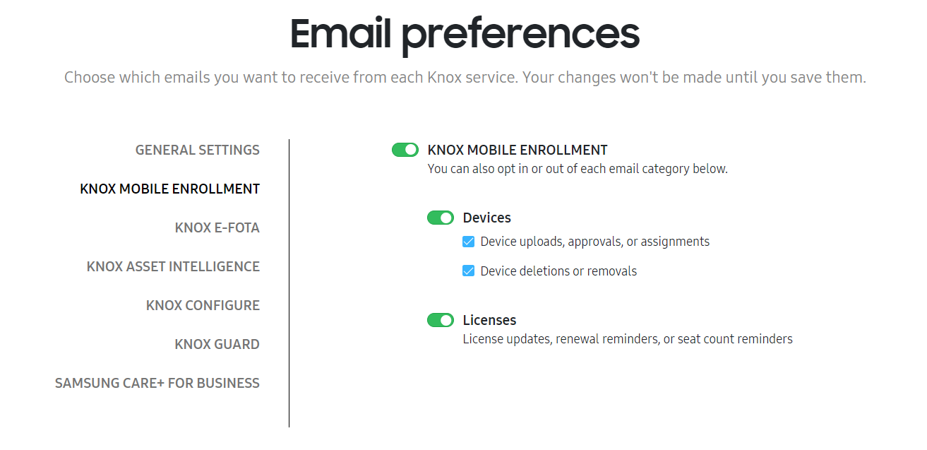 The email preferences screen on the Knox Admin Portal.