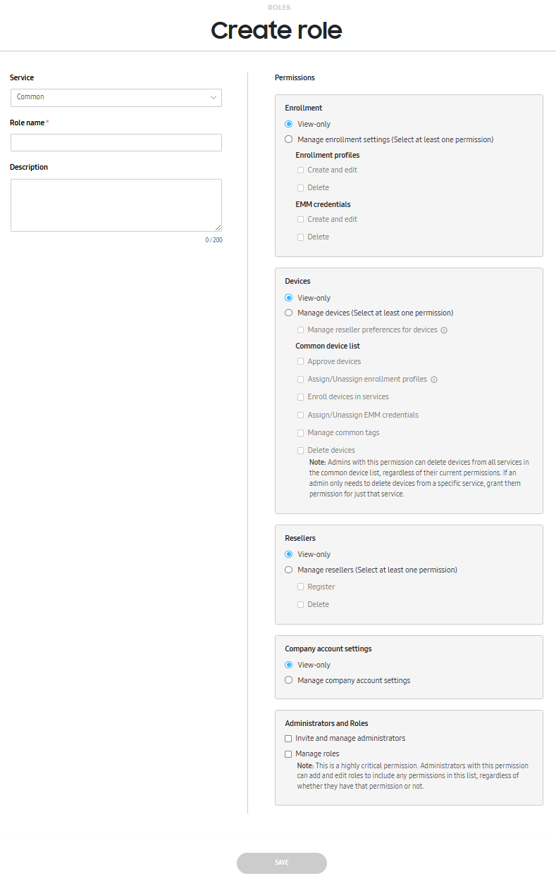 Create role screen