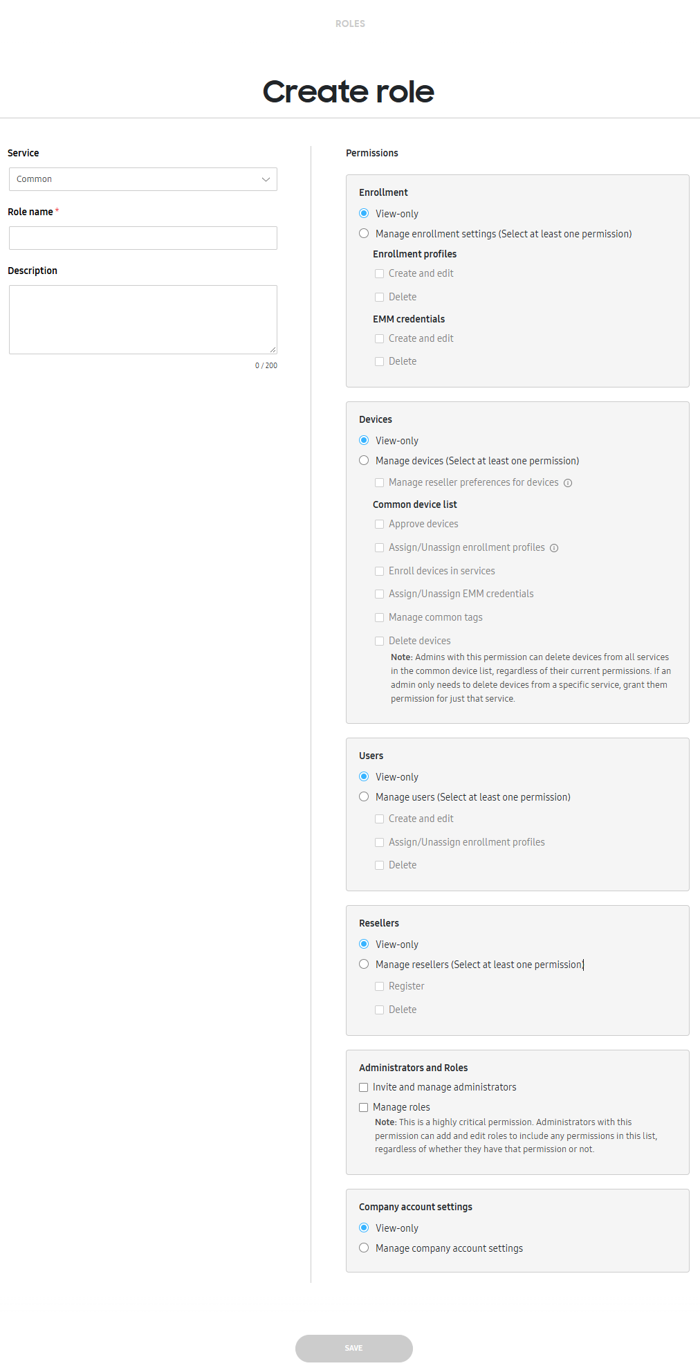 Create role screen