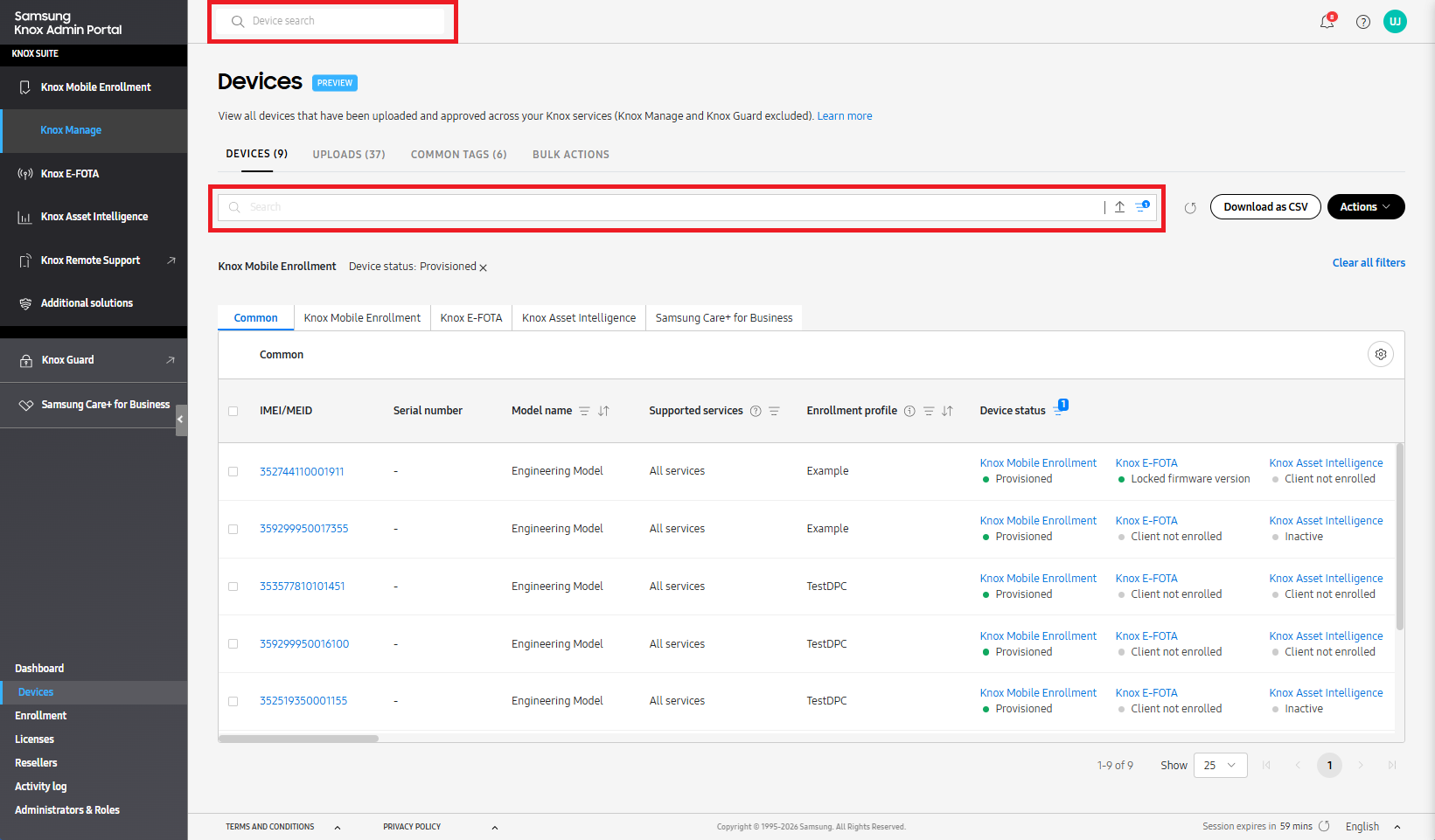 Knox Admin Portal search options
