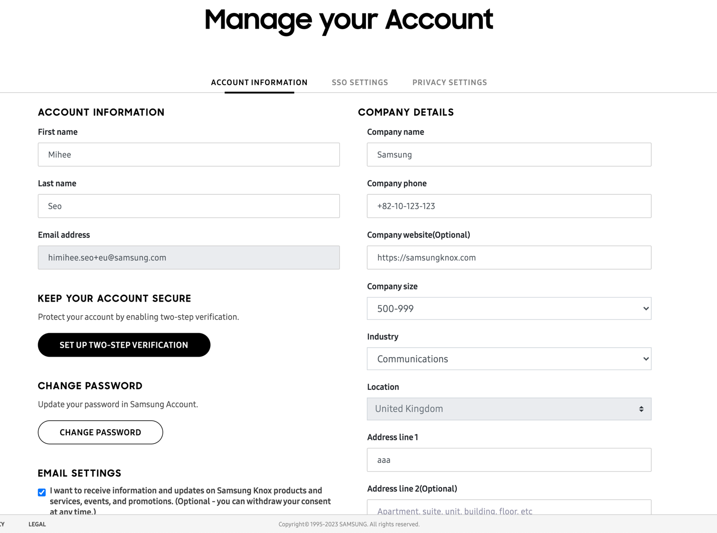 Manage your account page