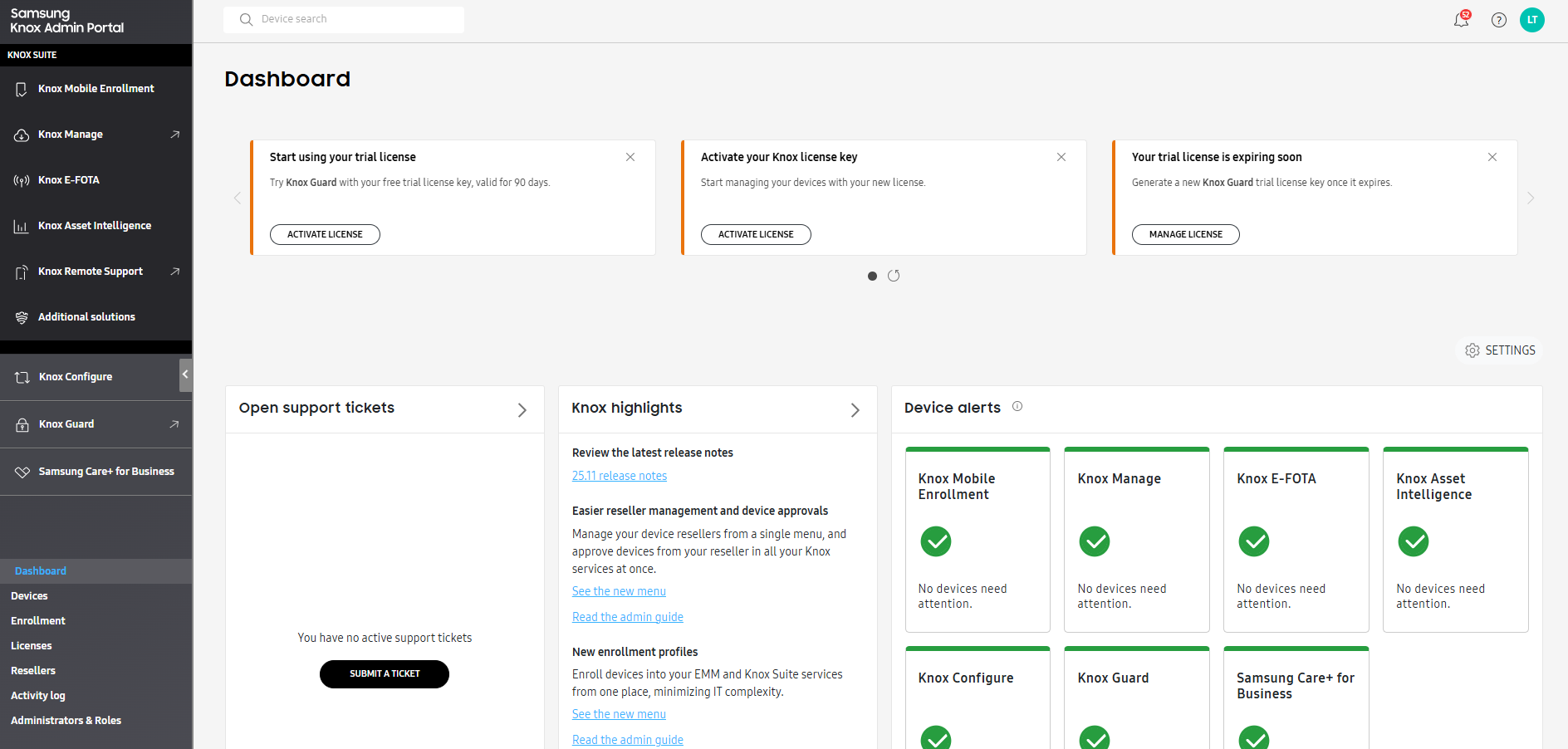 The Knox Admin Portal console, showing the dashboard.