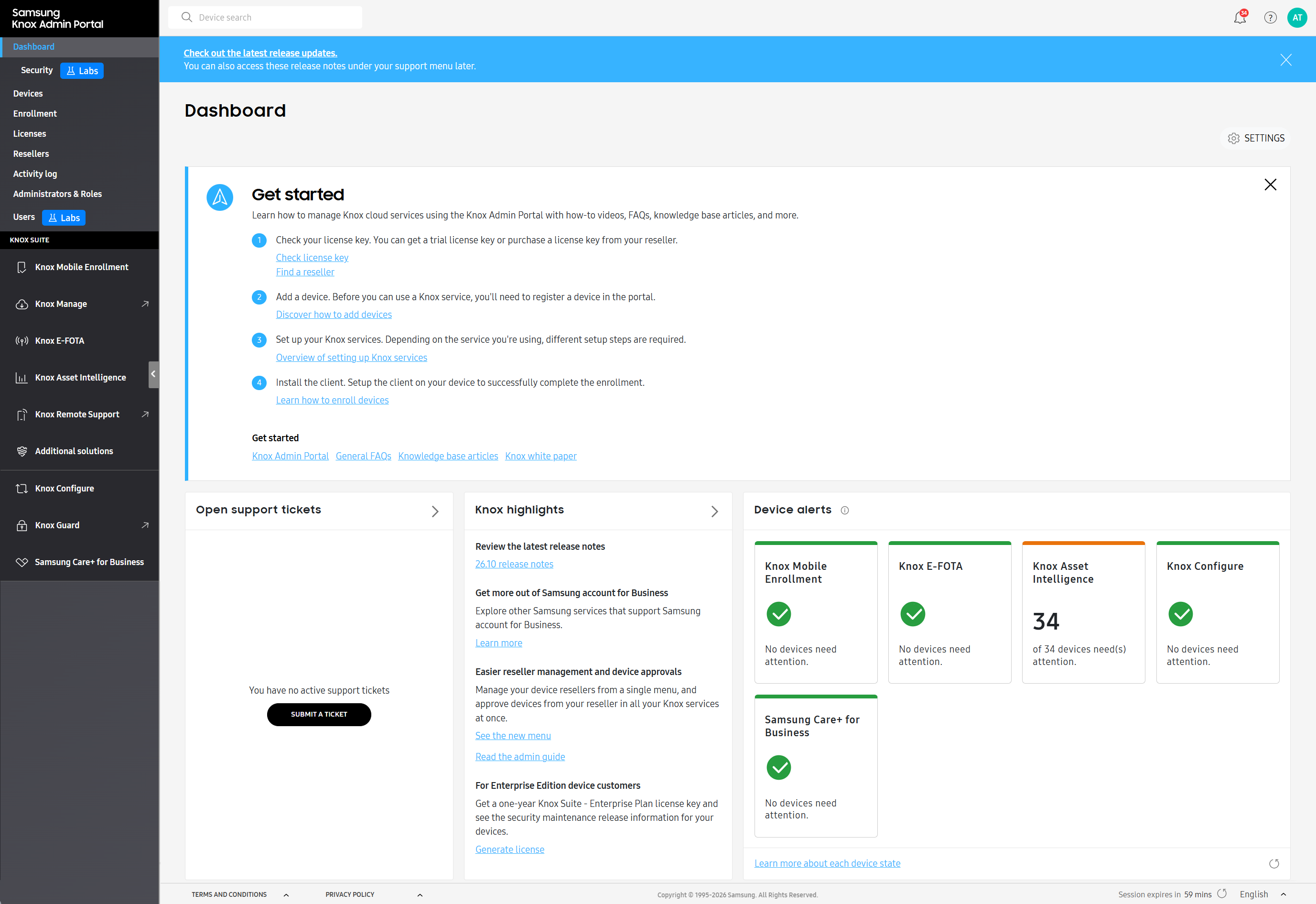 The Knox Admin Portal console, showing the dashboard.