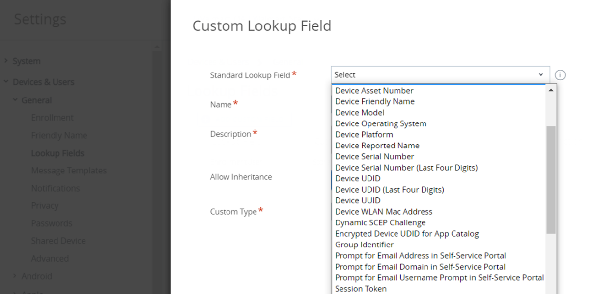 Custom lookup fields in VMware Workspace ONE UEM