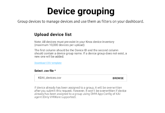 Device grouping CSV upload screen