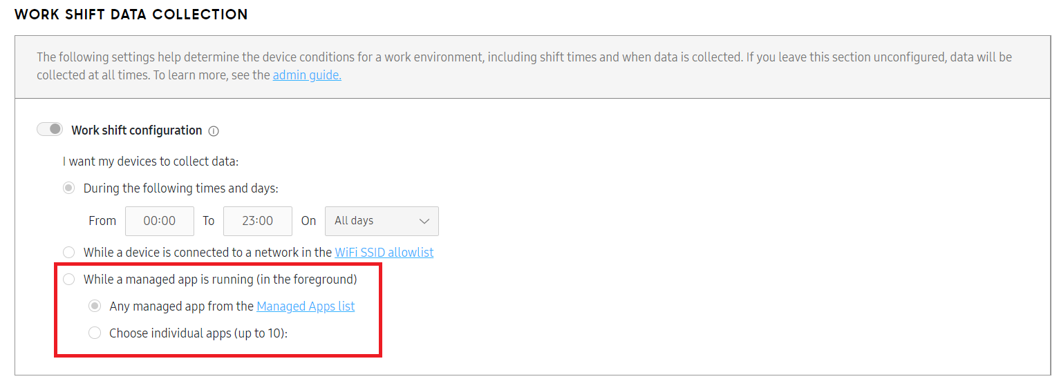 Managed app work shift settings