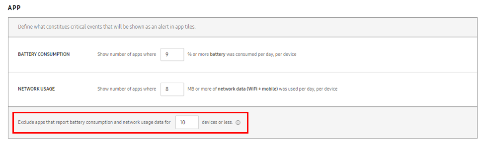 Minimum device count data filter in the Knox Asset Intelligence settings