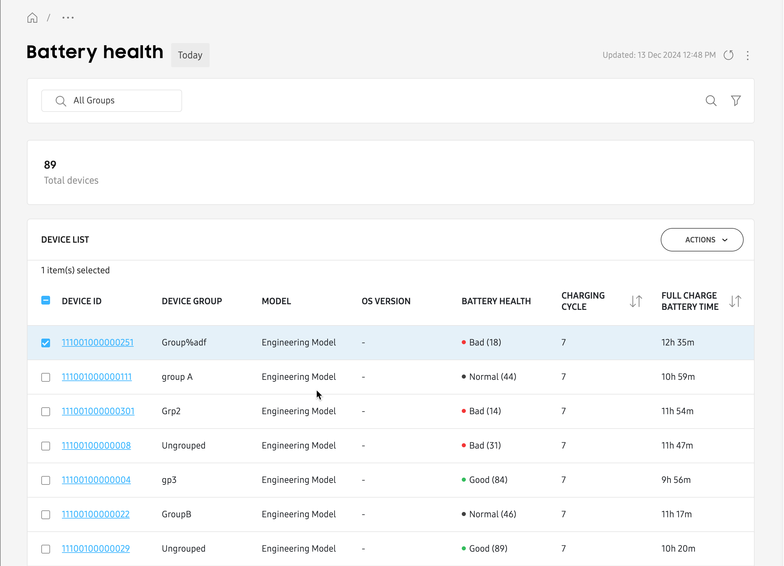 Battery health dashboard tile