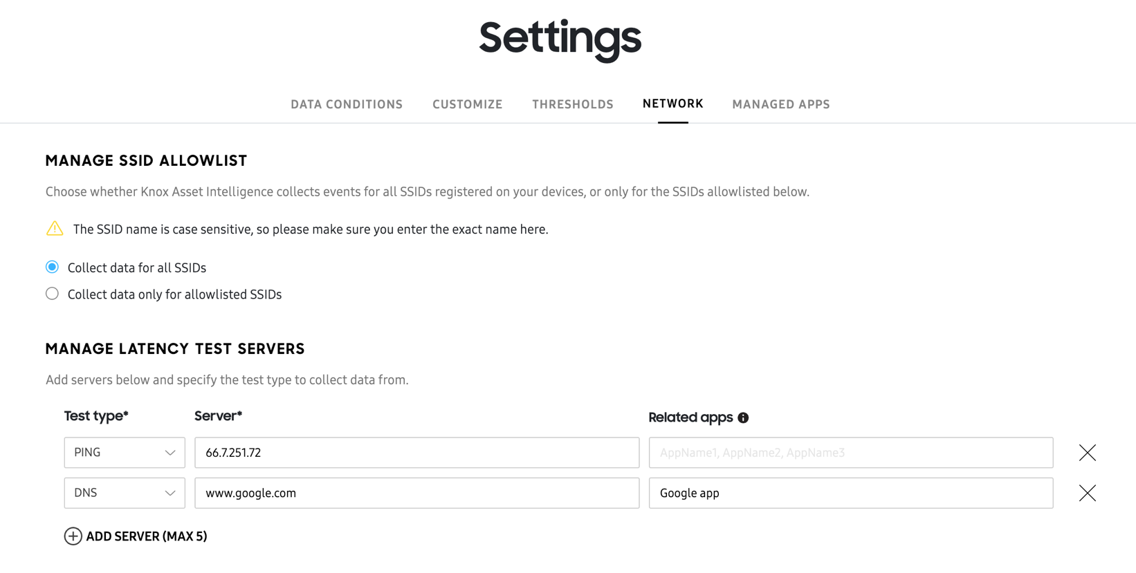 dashboard settings network tab