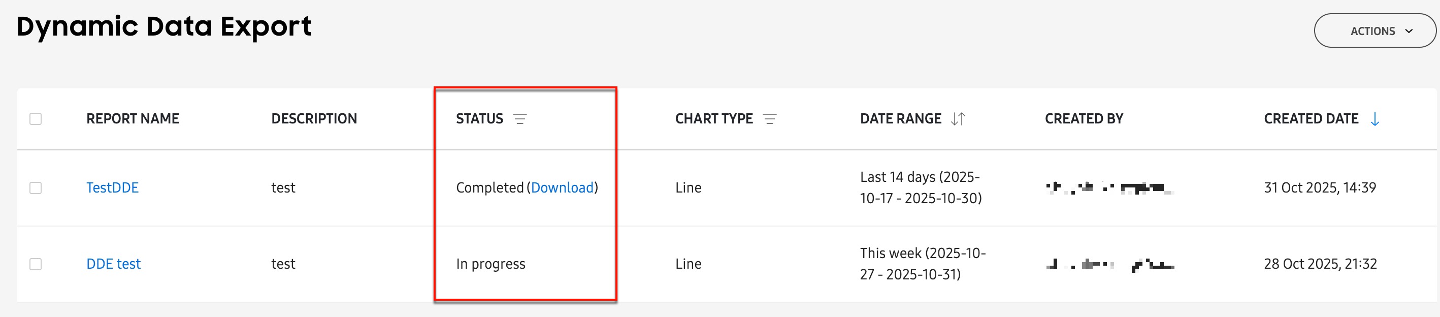 Dynamic Data Export pending and complete statuses