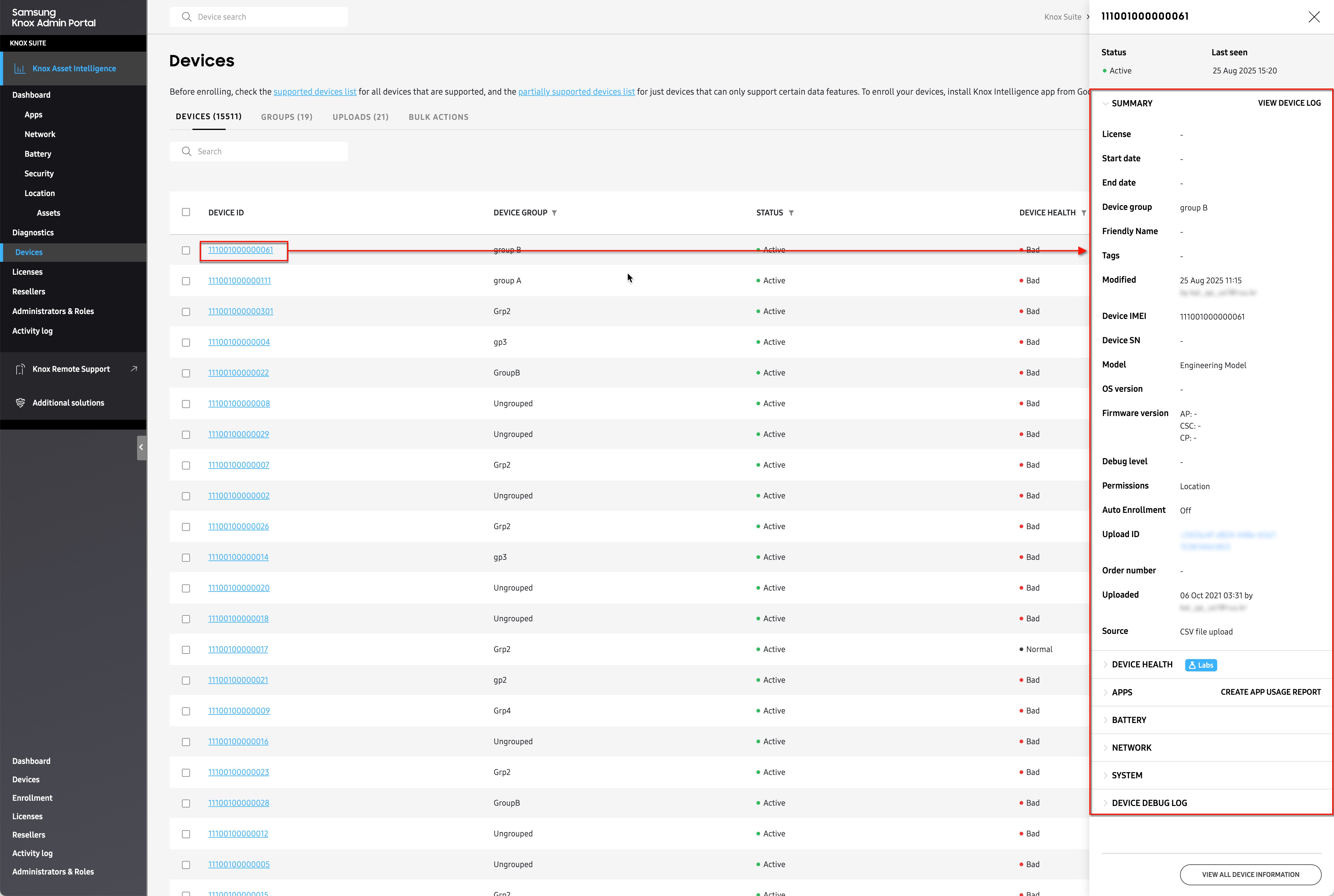 Expanded device details panel