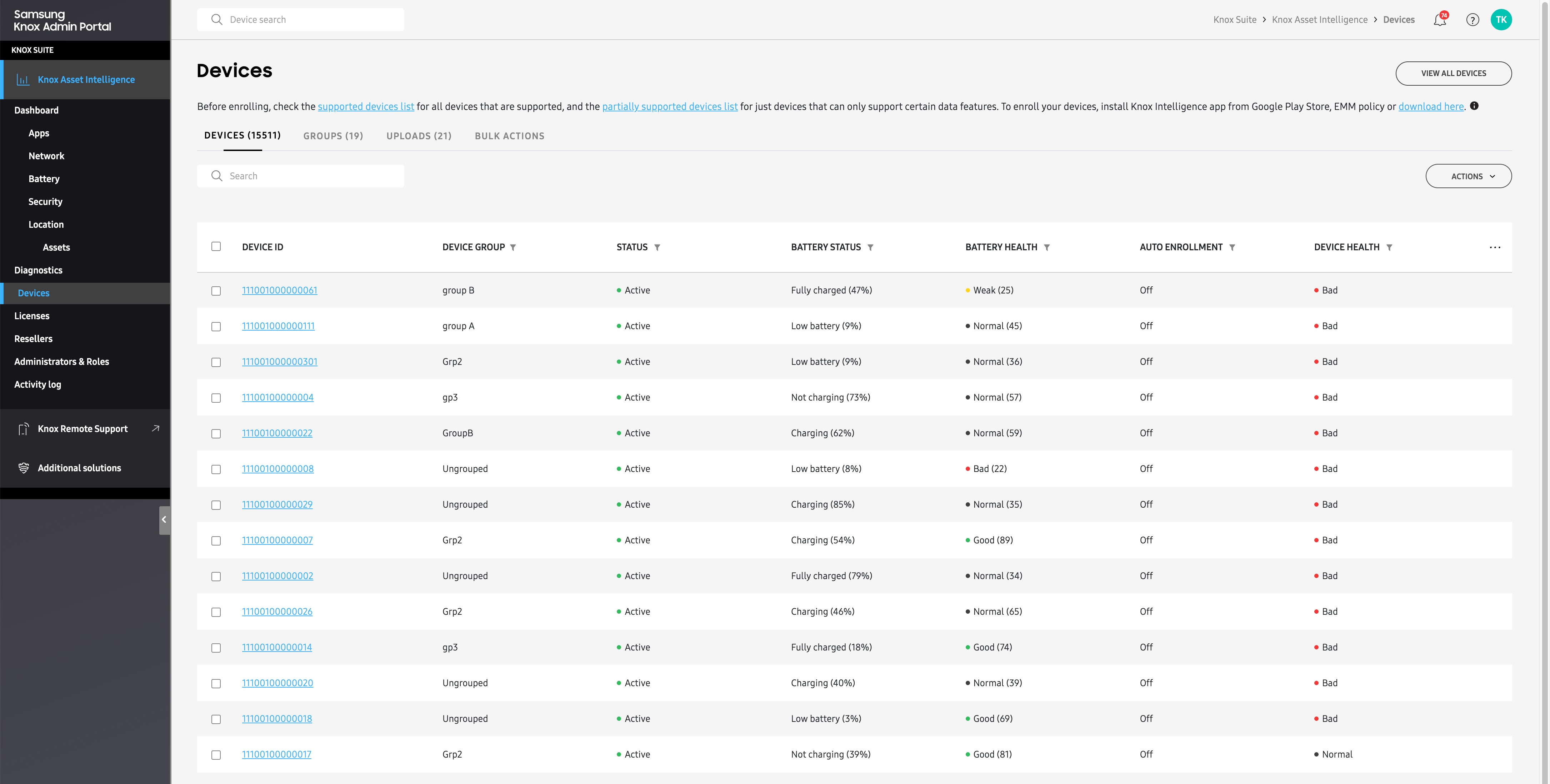Knox Asset Intelligence device list