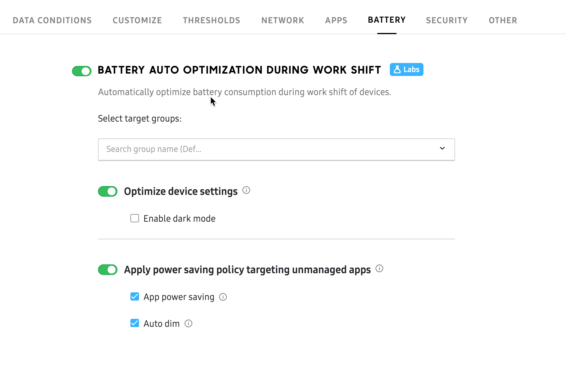 battery tab settings