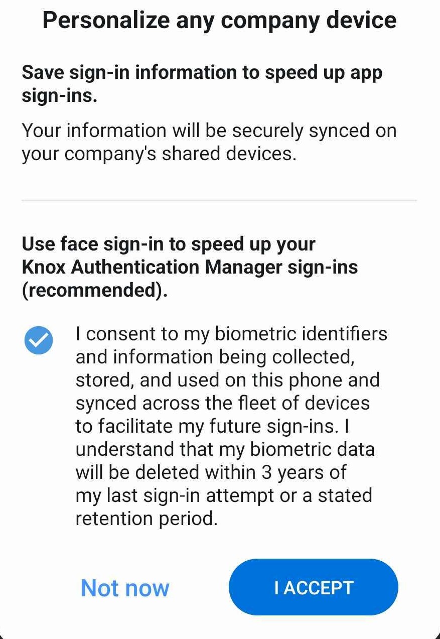 Biometric info pop up
