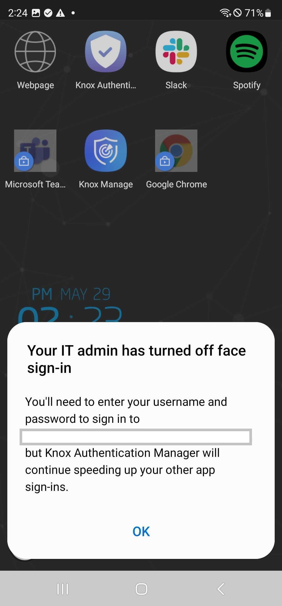 IT admin turned off face sign-in pop up.