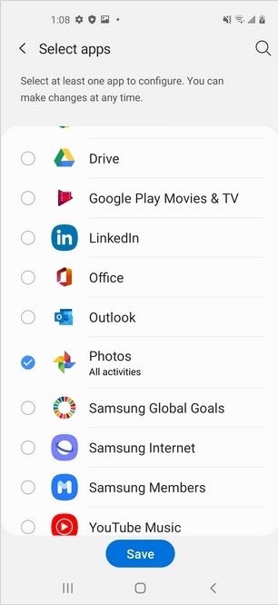 all activities selection from app list