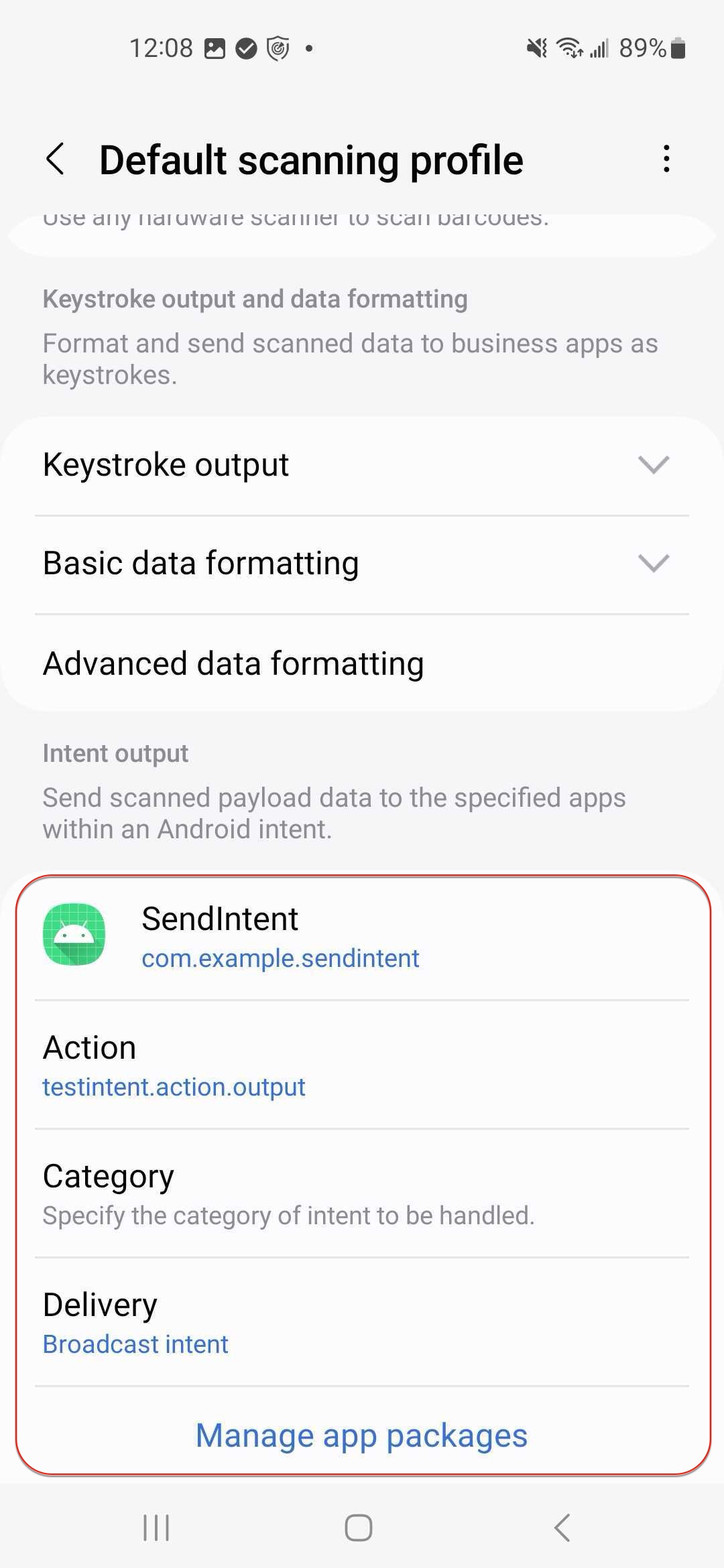 KCAP start scan from Business App configure intent output