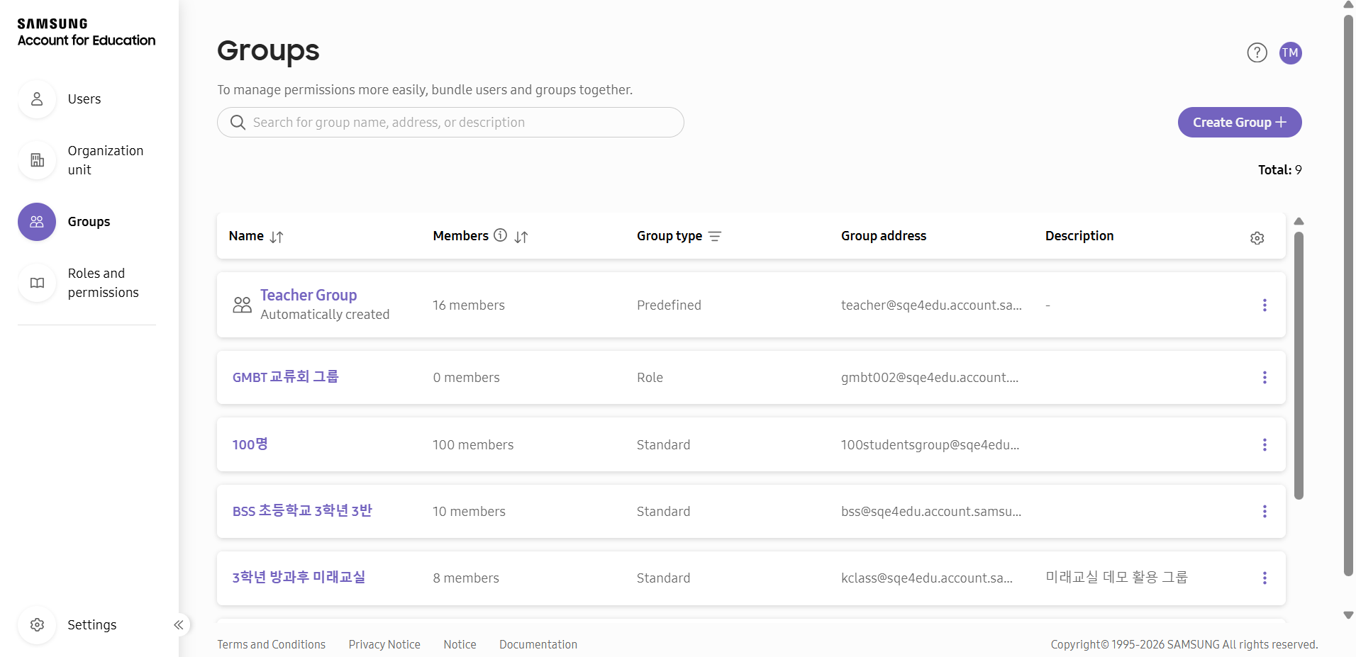 Groups list showing group types, member counts, and the predefined Teacher Group
