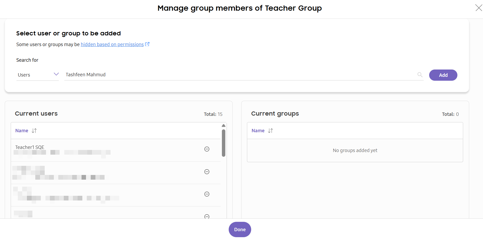 Manage group members dialog for adding users or groups to the Teacher Group