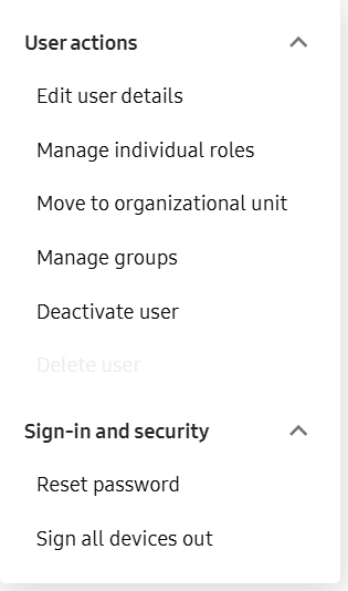 User actions menu for an active General User in Samsung Account for Education